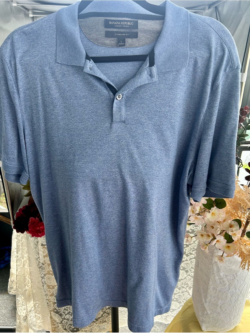 Coastal Preppy Nautical Camp Banana Republic Men's Heathered Blue Polo